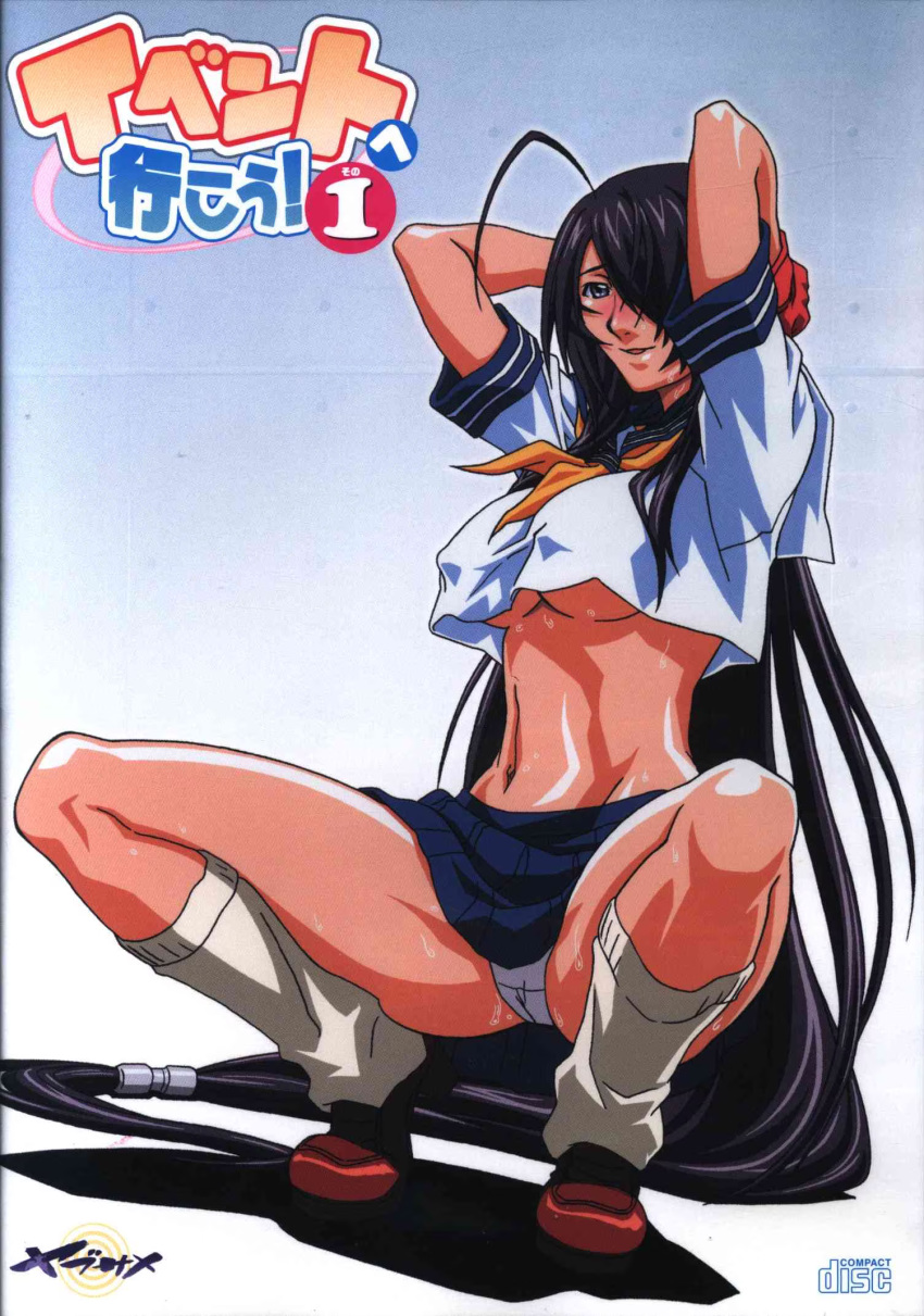 1girls arms_behind_head big_breasts blue_eyes blush breasts brown_loafers busty cameltoe female female_only hair_over_one_eye highres ikkitousen kanu_unchou kneehighs large_breasts legs loafers long_hair looking_at_viewer loose_socks midriff navel no_bra open_mouth panties pantyshot pose posing purple_hair school_uniform sensual smile socks squatting sweat thighs toned underboob underwear voluptuous white_panties white_socks yabusame