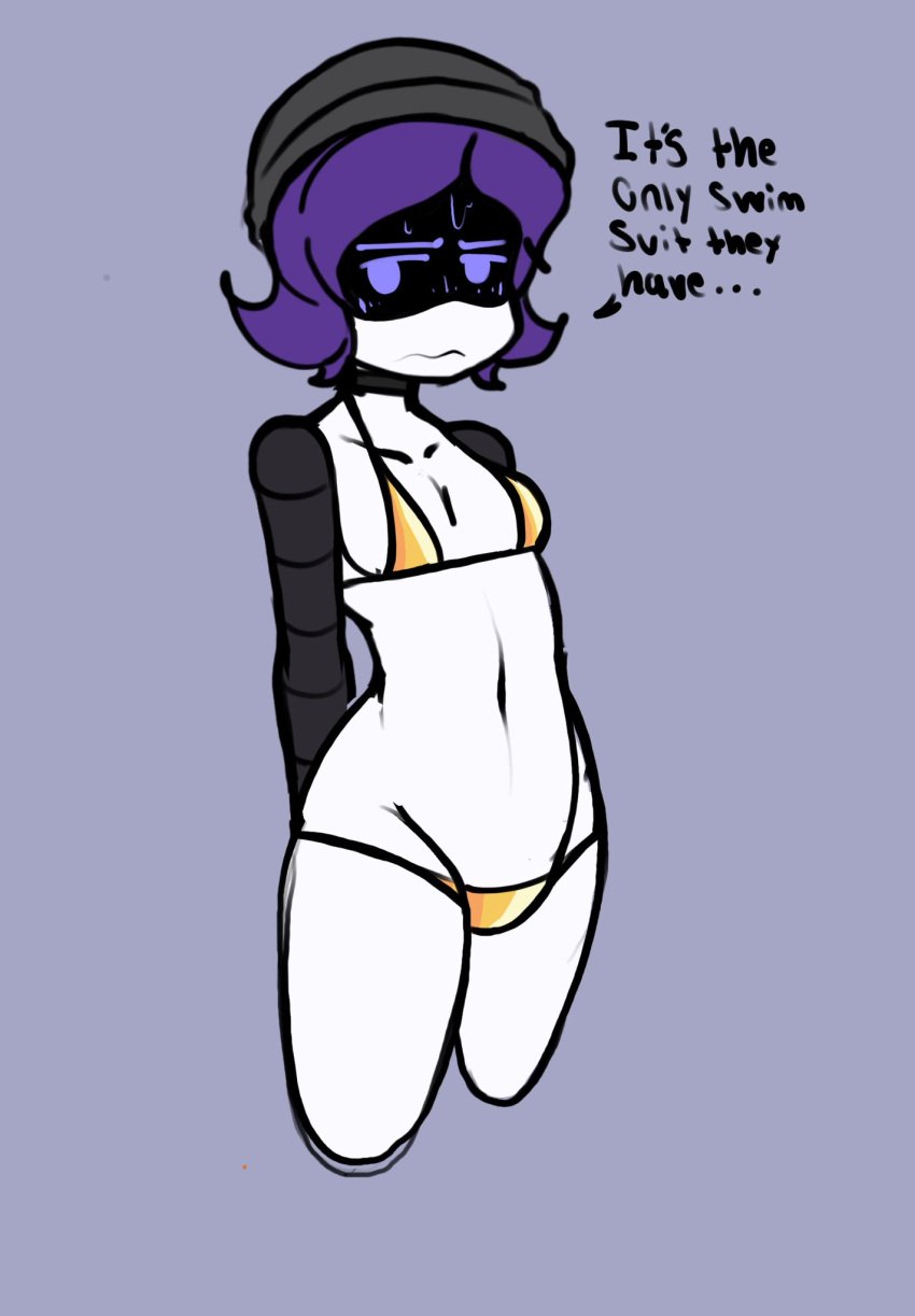 1girls 2023 2d beanie_hat bikini english_text female female_only ghastlypann glitch_productions humanoid k murder_drones nervous purple_eyes purple_hair robot robot_girl robot_humanoid screen_face small_breasts solo swimsuit text uzi_(murder_drones) worker_drone