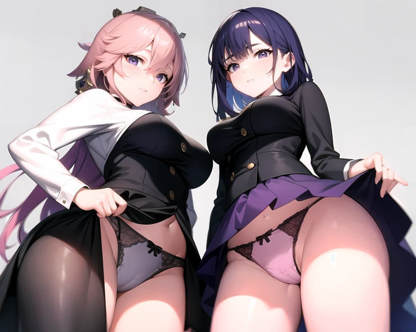 2girls ai_generated bangs black_hair blush bow bow_panties breasts buttons closed_mouth clothes_lift cowboy_shot double-breasted dress_lift eyebrows_visible_through_hair female from_below genshin_impact gradient gradient_background lifted_by_another lifted_by_self long_hair long_sleeves looking_at_viewer medium_breasts multiple_girls navel panties purple_eyes raiden_shogun school_uniform short_hair skirt skirt_hold skirt_lift smile stable_diffusion thighs underwear upskirt white_panties yae_miko