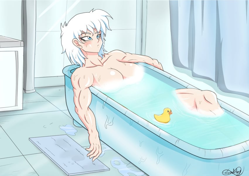 bath bathing bathroom big_breasts blue_eyes blush dragon_ball dragon_ball_heroes dragon_ball_super dragon_ball_z female_only muscular muscular_female nude nude_female oc saiyan wembley_araujo white_hair yuuko_(wembley_araujo) yuuko_maebara