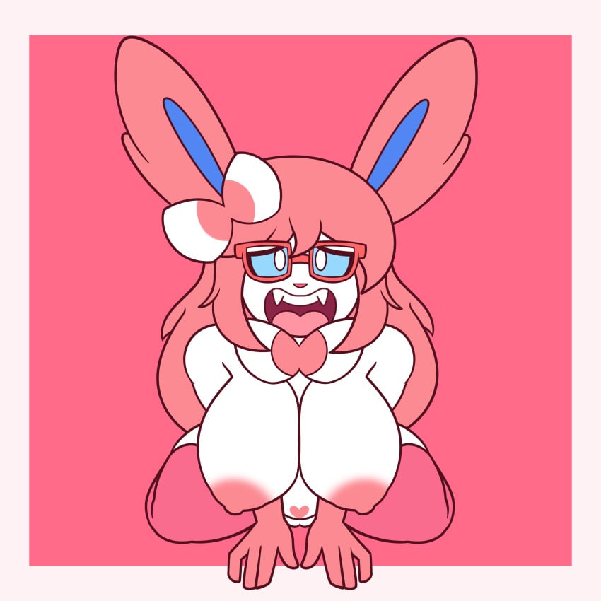 2022 absurd_res anthro areola big_breasts breasts clothing eeveelution eyewear female generation_6_pokemon genitals glasses hair hi_res javisylveon_(mintyspirit) legwear looking_at_viewer looking_up mintyspirit nerd nintendo nipples nude open_mouth pink_areola pink_hair pink_stockings pokemon pokemon_(species) pussy shy solo stockings sylveon teeth thick_thighs