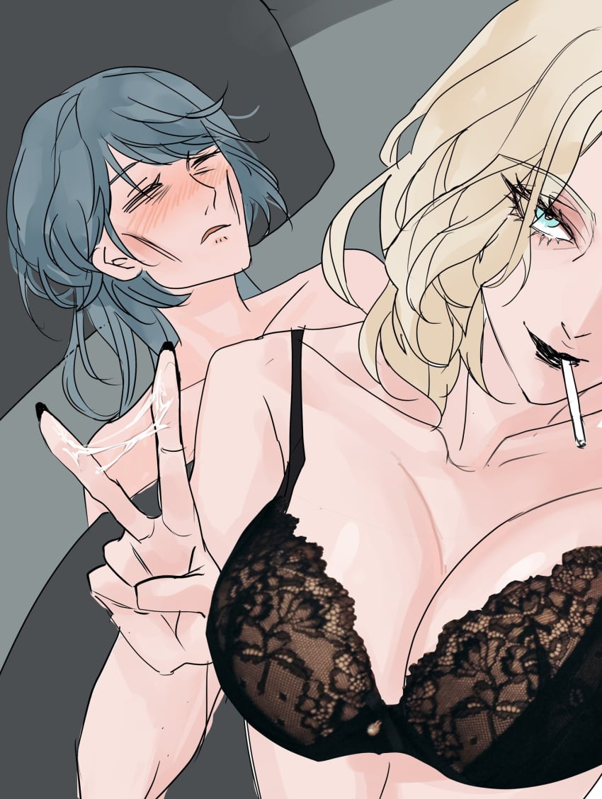 2girls after_sex bed blonde_hair blue_eyes blue_hair blush blushing bodily_fluids boss_and_subordinate bra cigarette closed_eyes collarbone cum death_by_snoo_snoo death_by_snu_snu draining_vitality female female_only fucked_senseless guy_tired_after_sex_(meme) humor langley_(path_to_nowhere) lingerie lingerie_only meme multiple_girls nightingale_(path_to_nowhere) path_to_nowhere peace_sign selfie smoking v yuri