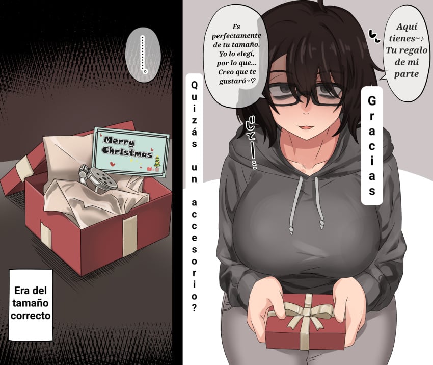 1girls big_breasts chastity_cage chastity_device christmas_present enari flat_chastity_cage glasses humiliation light-skinned_female light_skin nerdy_female penis_cage sex_toy small_penis_humiliation spanish_text spanish_translation text translation_request