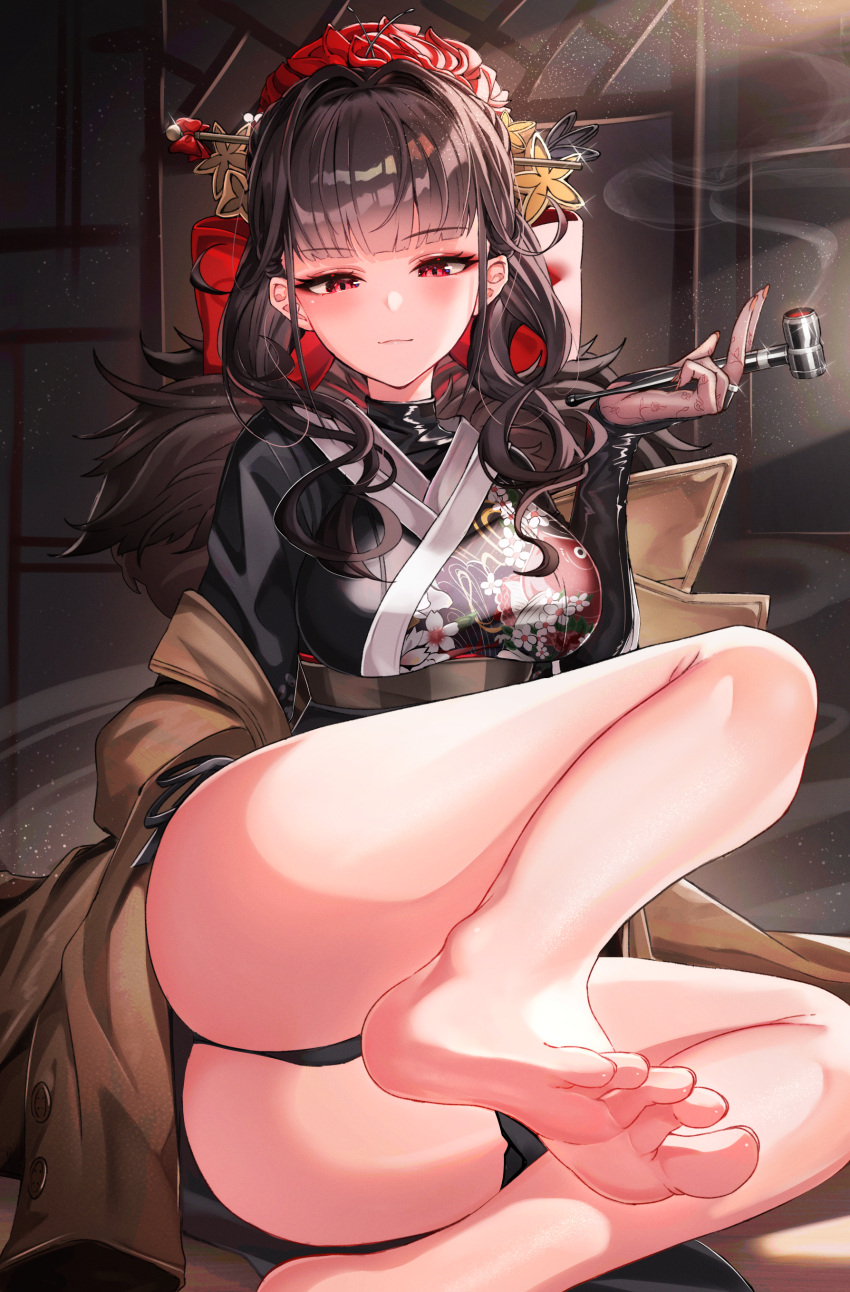 1girls ass bangs black_hair blush bow bow_in_hair dark_hair feet female foot_fetish goddess_of_victory:_nikke hair_ornament hi_res holding_object holding_smoking_pipe japanese_clothes kimono kiseru leg_up looking_at_viewer orange_nails pupy red_eyes sakura_(nikke) sidelocks smile smoking_pipe solo tobacco_pipe