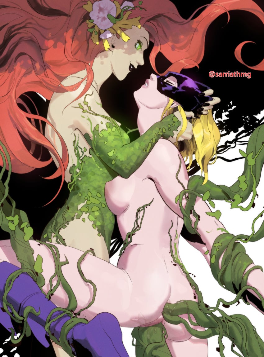 aphrodisiac arms_behind_back arms_held_back closed_eyes dc dc_comics double_penetration dubious_consent female_only leg_up legs_held_open lesbian_sex naked_female plant poison_ivy questionable_consent sarriathmg sex_pollen spoiler_(dc) stephanie_brown vines yuri