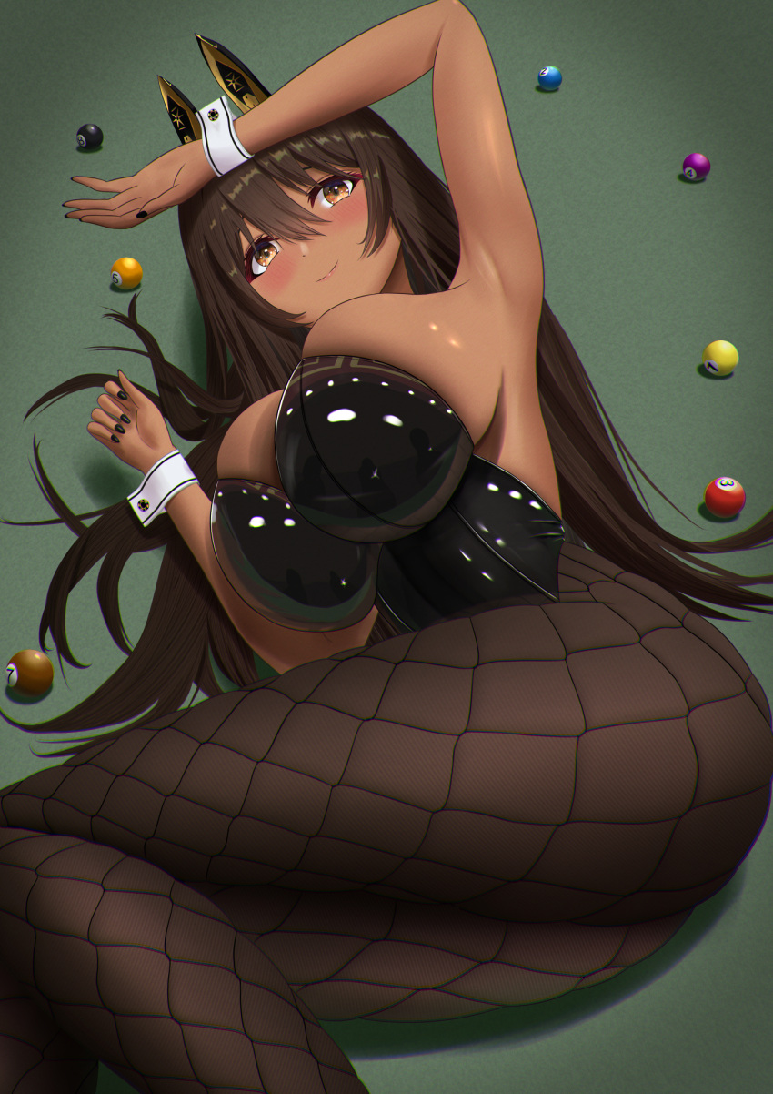 1girls arm_up armpits ass big_breasts black_leotard black_nails blush breasts brown_hair bunny_ears bunny_girl dark-skinned_female dark_skin female female_only fishnets goddess_of_victory:_nikke green_background hi_res long_hair lying lying_on_side lying_on_table noir_(nikke) orange_eyes pool_ball pool_table sawtooth_(artist) smile solo