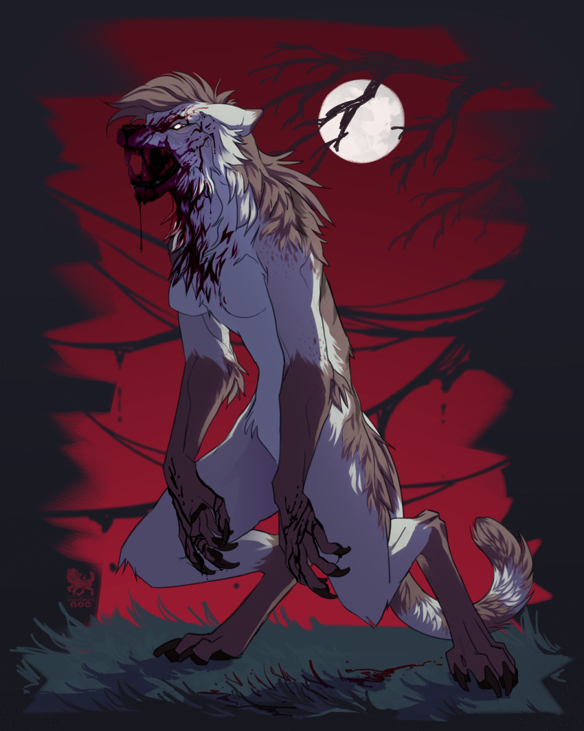 absurd_res anthro blood blood_on_face bloody_claw bodily_fluids breasts canid canine canis claws digitigrade female forest hi_res mammal moon night solo source_request tree undertakeru wendy_(thefunguscat) were werecanid werecanine werewolf wilderness wolf