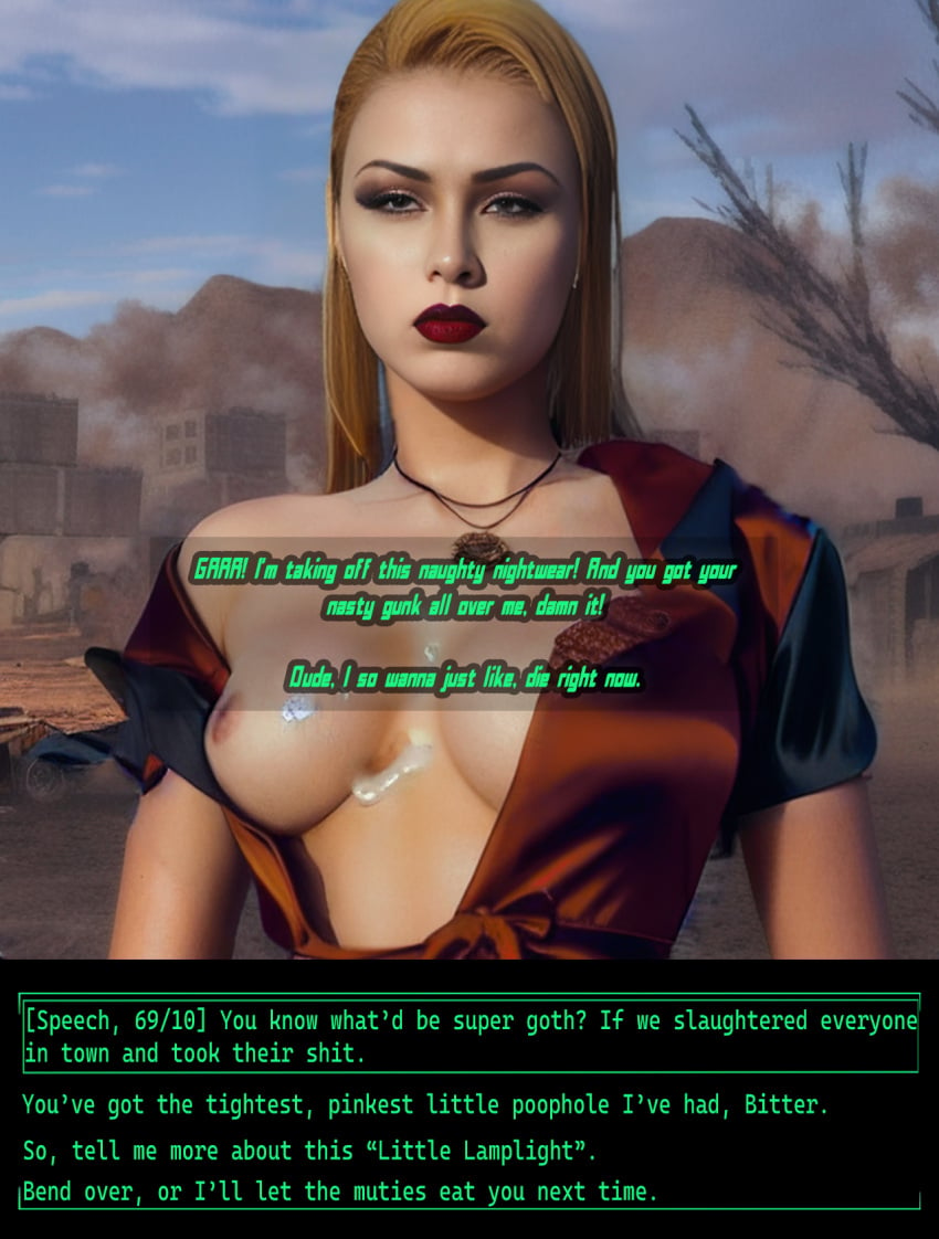 1girls ai_generated bittercup breasts cum cum_on_breasts cute english_text fallout fallout_3 female female_only goth goth_girl one_breast_out solo solo_female teen text young