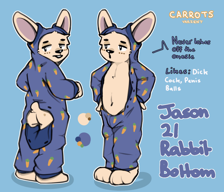 anthro ass big_ears black_eyes blue_background butt_flap chest_tuft clothing fur fur_markings hi_res jason_(spyromancer) lagomorph leporid looking_at_viewer looking_back looking_back_at_viewer male mammal markings model_sheet navel onesie onesie_only pajamas pajamas_only rabbit simple_background small_tail solo spots spyromancer tail tan_body tan_fur teeth tuft