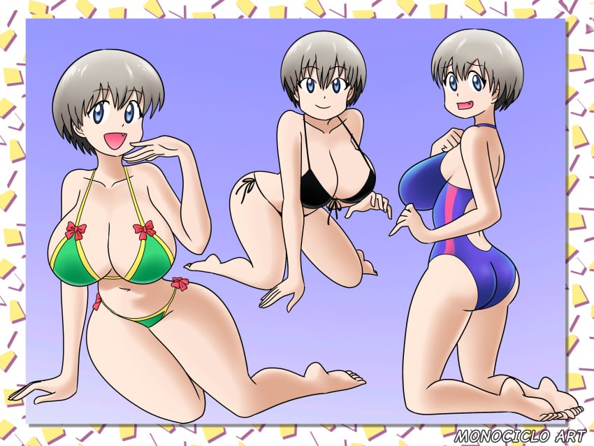 1girls ass bikini blue_eyes breasts cleavage female female_only huge_breasts monociclo_art one-piece_swimsuit short_hair shortstack solo solo_female thick_thighs uzaki-chan_wa_asobitai! uzaki_hana