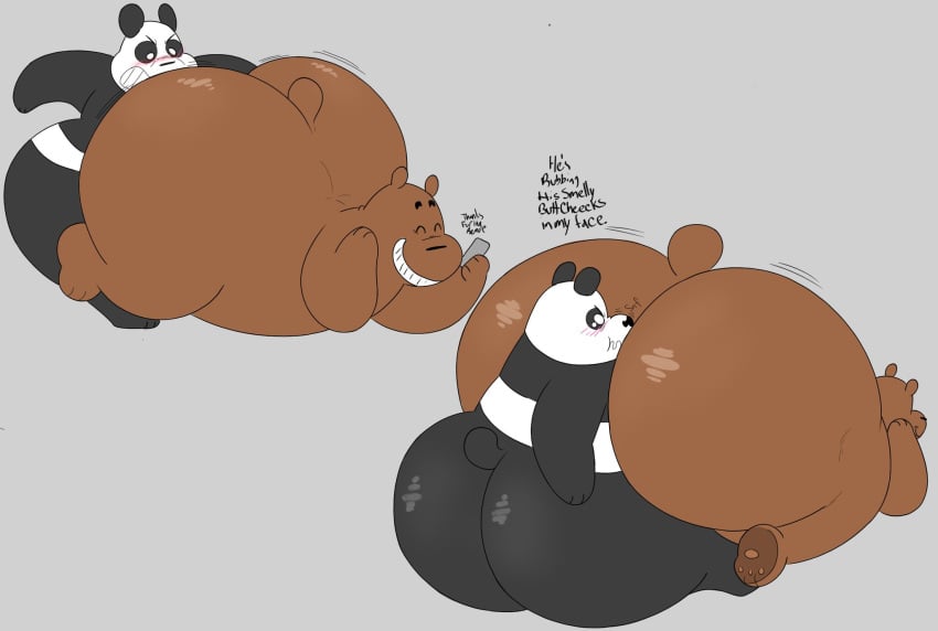 2019 2boys angry ass ass_sniffing big_ass big_butt black_and_white_fur blush brown_body brown_fur butt_sniffing cartoon_network grey_background grizzly_(wbb) high_resolution highres hyper_ass hyper_butt male_only megacoolbear_(artist) panda_(wbb) phone pout pouting smile we_bare_bears