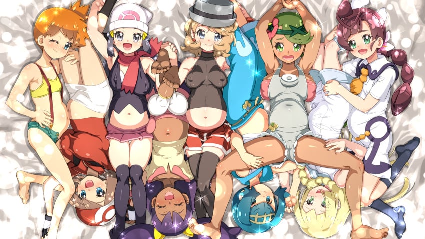 6+girls 9girls asymmetrical_hair bandana barefoot beanie blonde_hair blue_eyes blue_hair blush bottomless breasts breasts_out brown_hair chloe_(pokemon) dark-skinned_female dark_skin dawn_(pokemon) facial feet female female_only flat_chest green_eyes green_hair gym_leader hat human human_only iris_(pokemon) kousaka_jun lana_(pokemon) large_breasts lillie_(pokemon) lips long_hair mallow_(pokemon) may_(pokemon) misty_(pokemon) multiple_females multiple_girls multiple_pregnancies nintendo nipples open_mouth orange_hair panties panty_pull petite pink_panties pokemon pokemon_(anime) ponytail pregnant pregnant_belly pregnant_female serena_(pokemon) short_hair side_ponytail soles sweat tied_hair toes trial_captain