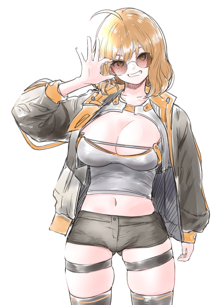 1girls absurd_res ahoge anis_(nikke) arm_up big_breasts blonde_hair breasts cleavage cleavage_cutout female female_only goddess_of_victory:_nikke hand_on_glasses jacket looking_at_viewer navel nuko609 orange_eyes short_hair shorts smile solo sunglasses thighhighs white_background