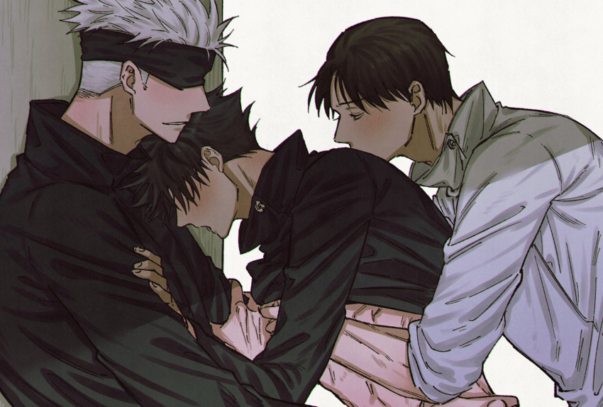 3boys being_undressed blindfold fushiguro_megumi fushirun_rung gay hand_under_clothes jujutsu_kaisen male male/male male_focus male_only sandwiched satoru_gojo shirt_up threesome undressing white_hair yaoi yuta_okkotsu