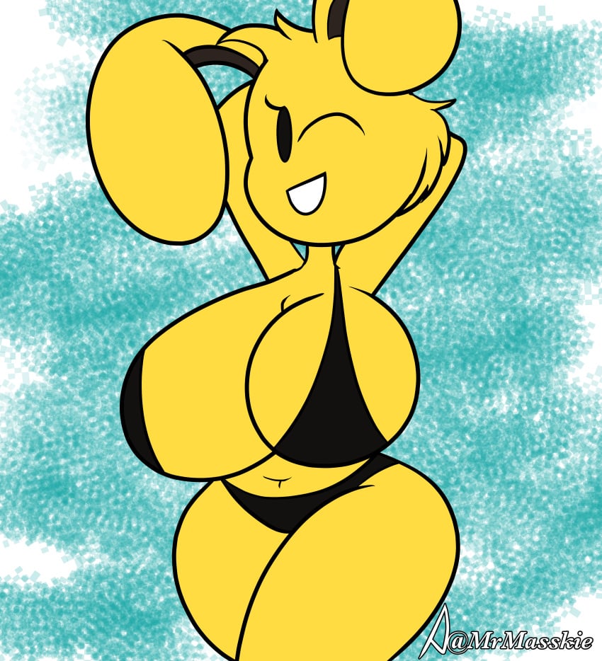 ass big_ass big_breasts bikini breasts hands_behind_head mrmasskie poster_bun_bun rabbit smile thick_thighs wink yellow_fur