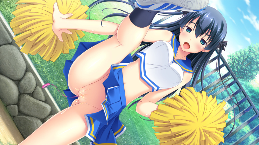 :d black_bow black_socks blue_eyes blue_hair blue_sailor_collar blue_skirt bow cheerleader collarbone crop_top day dutch_angle female floating_hair game_cg hair_between_eyes hairbow hatsujou_switch kirihara_megumu kneehighs leg_lift long_hair midriff miniskirt navel no_panties open_mouth outdoors outstretched_arm pleated_skirt pom_pom_(cheerleading) pussy pussy_juice sailor_collar sex_toy skirt smile socks solo standing standing_on_one_leg stomach tamahiyo very_long_hair vibrator