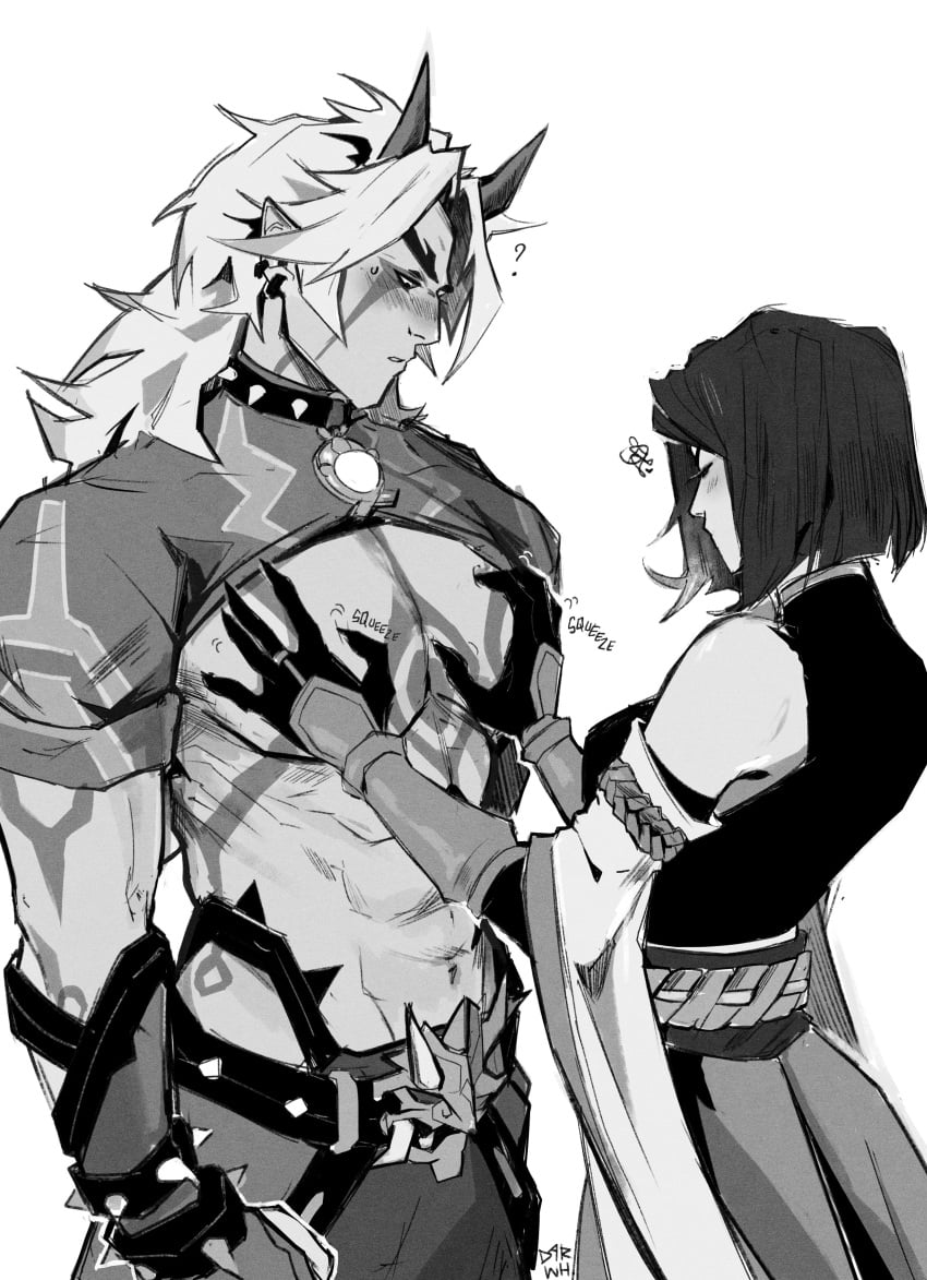 1boy 1girls arataki_itto assertive_female bigger_male blush_lines darwh female genshin_impact gloves grope horns kujou_sara larger_male male muscles muscular muscular_male oni oni_horns pecs question_mark straight touching_chest