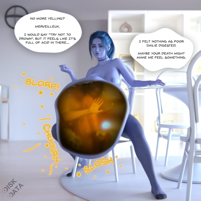 2girls 3d blue_skin bones_in_belly digestion digestion_noises digestive_fluids diskdata female female_only huge_belly implied_digestion medium_breasts overwatch same_size_vore stomach_acid text tracer vore widowmaker x-ray