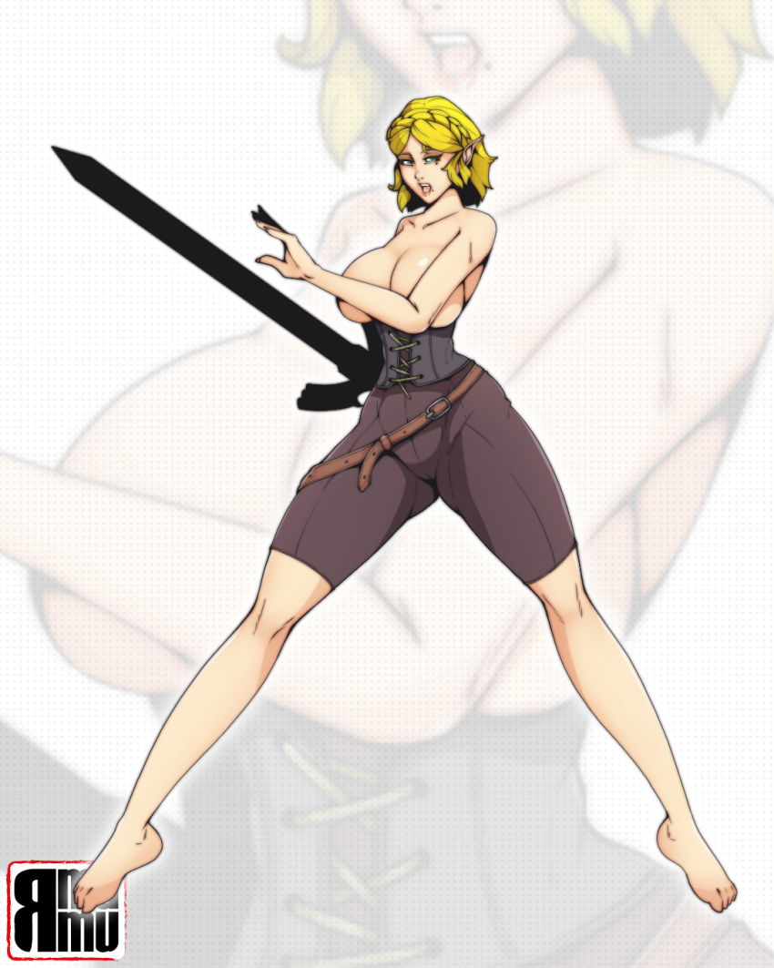 1girls big_ass big_breasts big_butt blonde_hair blue_eyes covered_breasts covered_nipples feet female female_focus female_only full_body huge_ass huge_breasts long_legs looking_at_viewer naked naked_female open_mouth princess_zelda rmumu short_hair solo_female sword tears_of_the_kingdom the_legend_of_zelda tiny_feet zelda_(tears_of_the_kingdom)