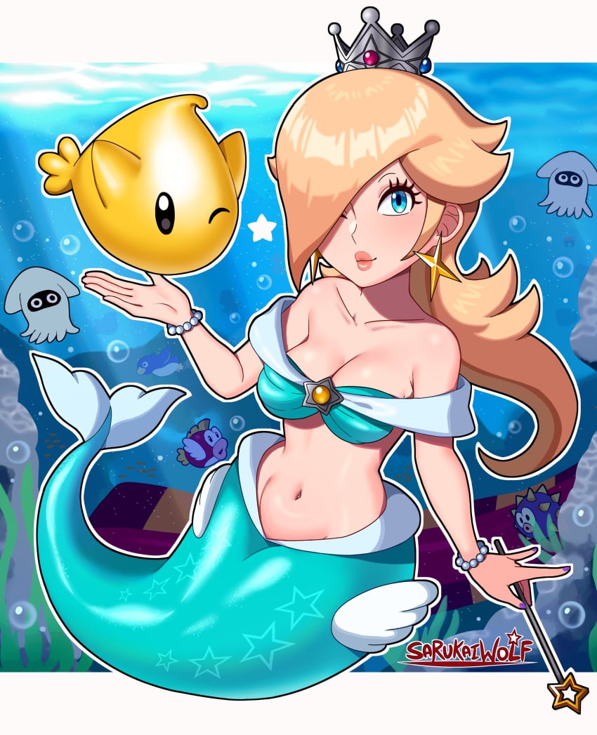 1girls 2023 aqua_eyes artist_name bangs bare_shoulders belly big_breasts blonde_hair blooper blue_bra blue_eyes blue_scales blue_tail bra bracelet bracelets breasts bubble bubbles cheep_cheep cleavage collarbone curvaceous curvy detailed_background digital_media_(artwork) earrings eyelashes eyeliner female female_focus female_only fin fins fish hair hair_over_one_eye hi_res highres holding holding_object jpeg large_breasts light-skinned_female light_skin lips long_hair looking_at_viewer luma mario_(series) mermaid mermaid_tail monster_girl nail_polish navel nintendo ocean one_eye_closed one_eye_obstructed pearl_bracelet princess_rosalina purple_nails sarukaiwolf scales sea seashell seashell_bra seaweed solo solo_female solo_focus squid star star_earrings super_mario_galaxy swimming tail tail_fin underwater wand water watermark wide_eyed wide_hips wink wristwear