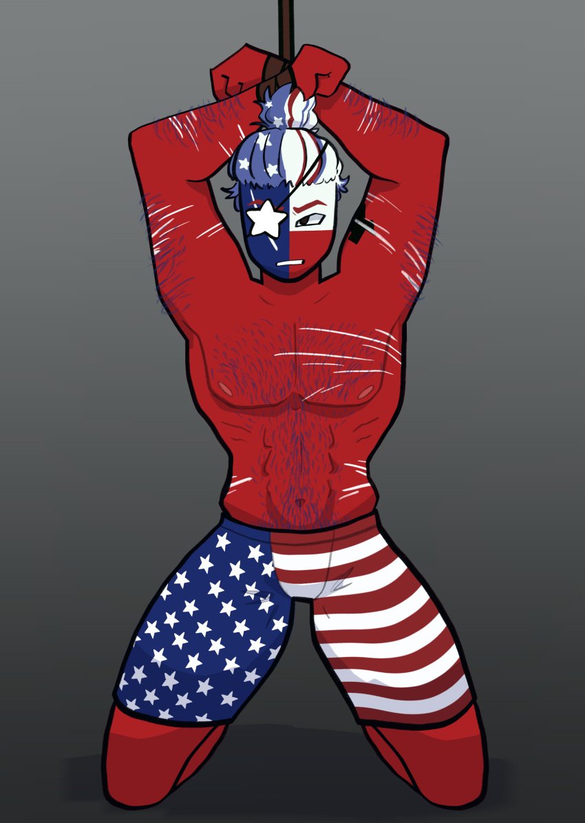 1boy american_flag angry bondage boxers_(clothing) boxers_only chest_hair countryhumans gradient_background hands_tied hands_together male male_only male_solo nsfw restrained rope rope_bondage solo solo_focus solo_male statehumans texas_(statehumans) texas_flag tied_up white_hair