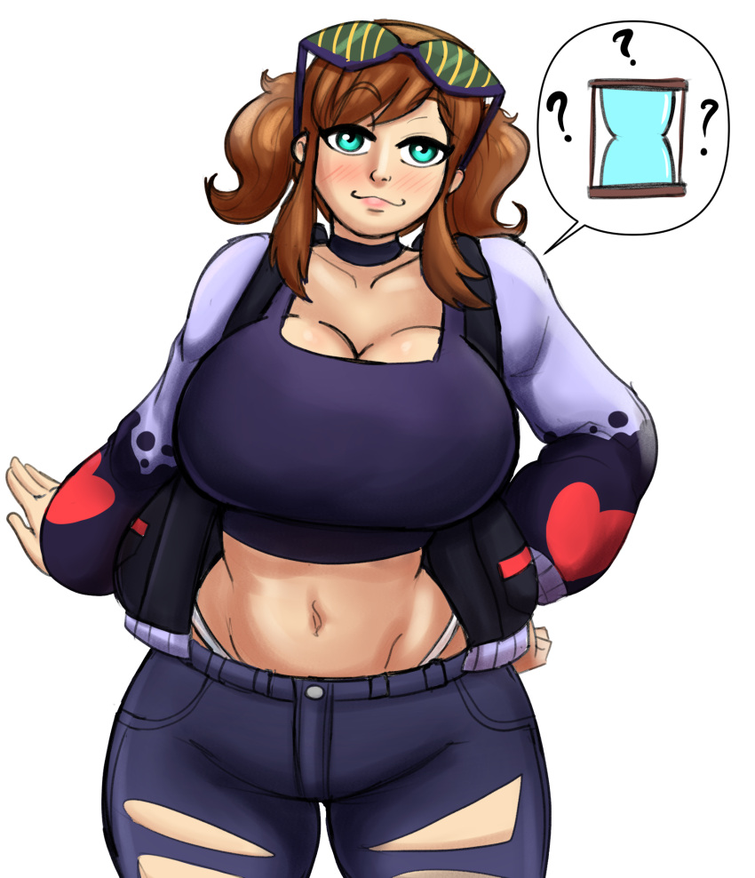 a_hat_in_time blue_eyes blue_jeans blue_pants blush breasts brown_hair cleavage doocen glasses hat_adult hat_kid huge_breasts jacket jeans large_breasts light-skinned_female light_skin navel panties pants ripped_jeans ripped_pants smile smiling thick_body thick_breasts thick_hips thick_legs thick_thighs thong topwear underwear voluptuous voluptuous_female wide_hips