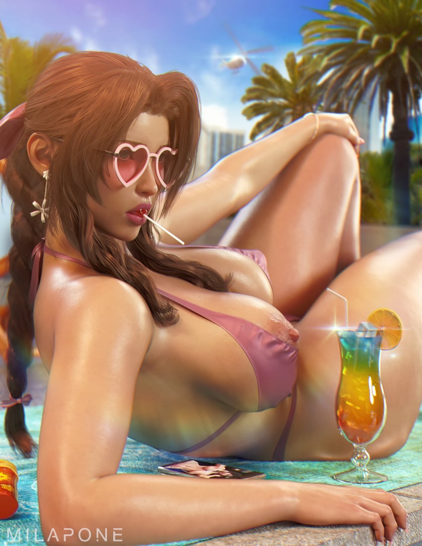 1girls 3d 3d_(artwork) abs aerith_gainsborough areolae big_breasts bikini bikini_bottom bikini_top bracelet brown_hair drink earrings erect_nipples female female_focus female_only final_fantasy final_fantasy_vii final_fantasy_vii_remake green_eyes heart-shaped_eyewear hi_res light-skinned_female lollipop long_fingernails long_hair looking_at_viewer milapone navel navel_piercing nipples pink_bikini poolside shiny_skin smooth_skin solo solo_female solo_focus square_enix sunglasses thick_thighs tinted_eyewear tropical_drink wide_hips