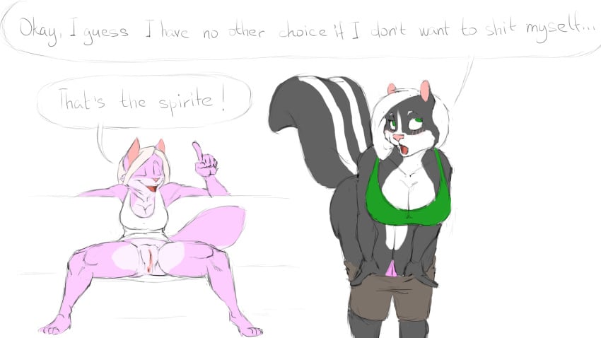 16:9 anthro becka_(el_brapitto) big_breasts bottomless breasts canid canine canis cassandra_(el_brapitto) clothed clothing domestic_dog duo el_brapitto english_text female hi_res mammal mephitid skunk text widescreen