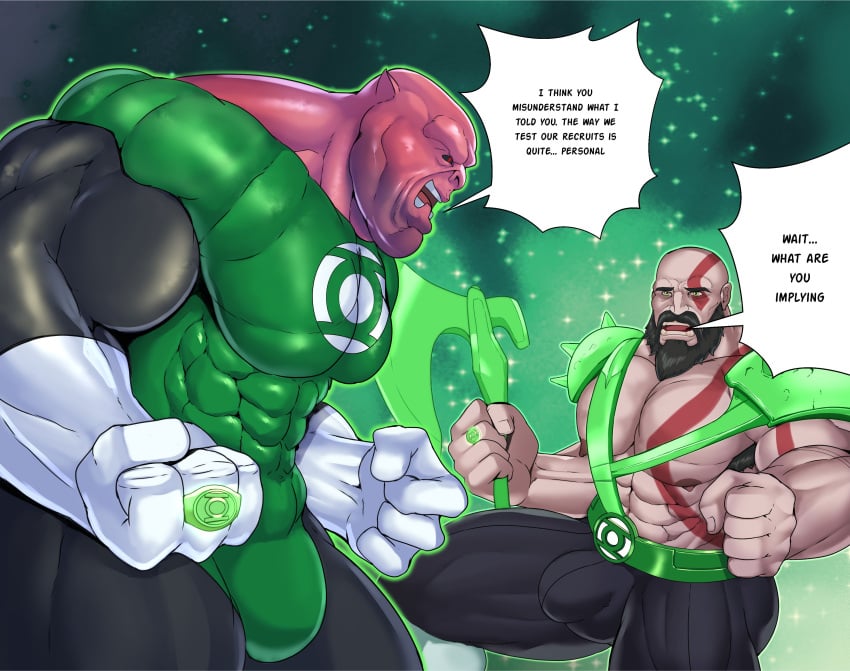 alien anthro axe bald bald_man bara crossover dc_comics gay god_of_war green_lantern kilowog kratos male/male male_only space