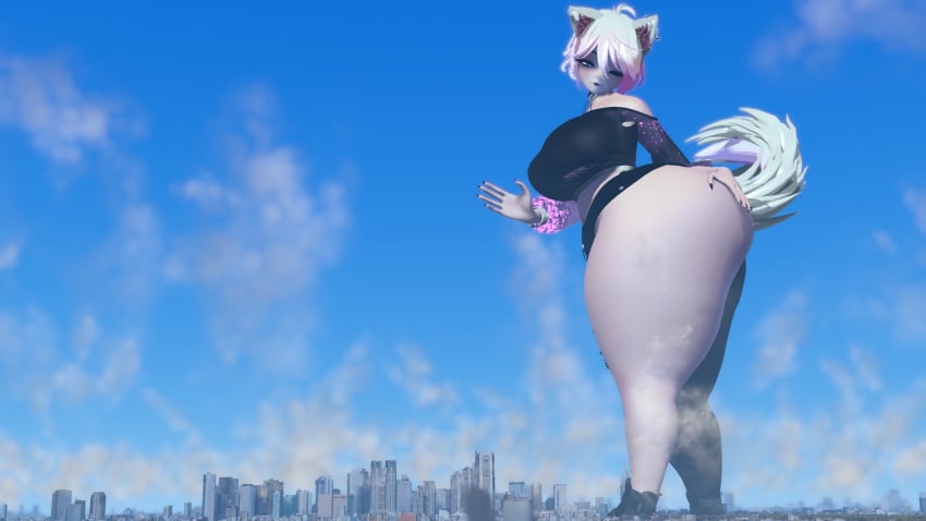 big_ass big_breasts big_butt breasts bubble_butt catgirl city clouds female fully_clothed giantess hand_on_butt hourglass_figure huge_ass hyper_ass macro smiling starrygts waving_at_viewer