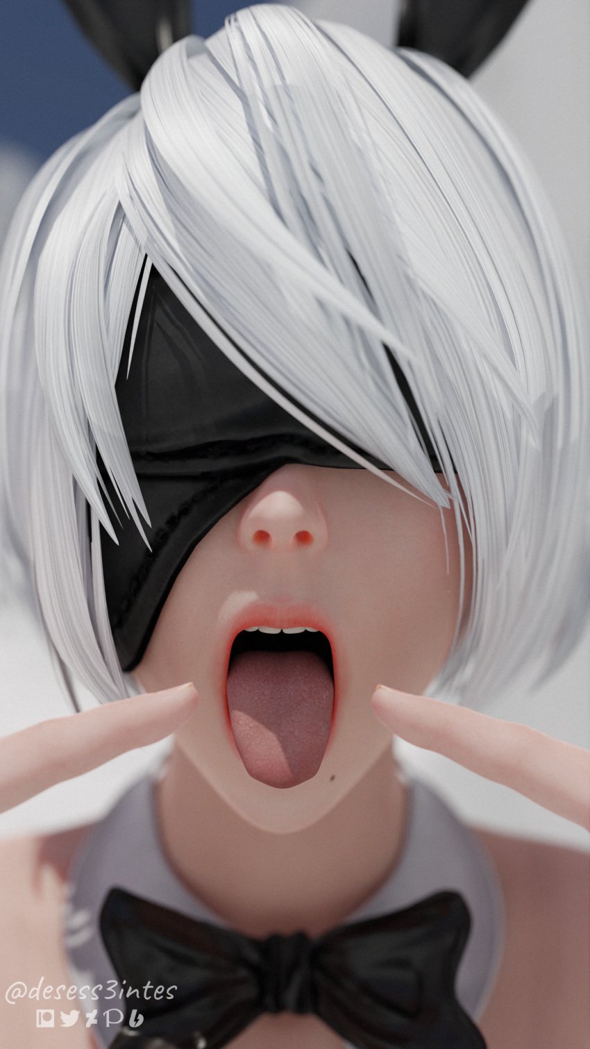 1girls 3d begging begging_to_cum blender blindfold bunny_ears bunnysuit desess3intes fellatio_gesture mouth nier nier:_automata open_mouth oral_invitation solo solo_female solo_focus tongue tongue_out waiting white_hair yorha_2b