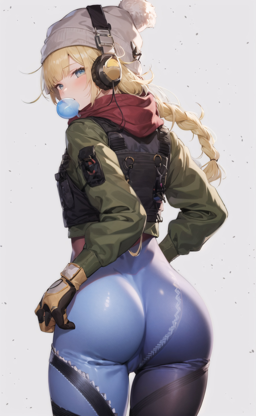 ai_generated alternate_costume ass ass_focus beanie blonde_hair blue_eyes blush bodysuit bodysuit_and_jacket bodysuit_under_clothes braid bubble_gum female from_behind girls'_frontline gloves green_eyes hat huge_ass jacket long_hair looking_at_viewer looking_back mayday_arashi shiny shiny_clothes shiny_hair single_braid solo thick_thighs vhs_(girls'_frontline)