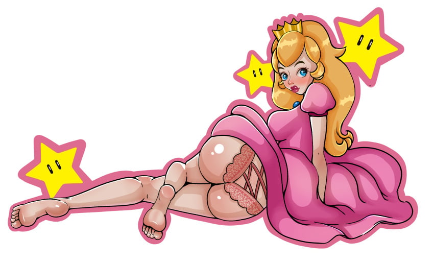 1girls ass big_butt big_lips blonde_hair blush crown feet female female_only human long_hair long_hair_female looking_at_viewer mario_(series) nintendo panties peach_ass princess_peach simple_background solo star super_mario_bros. unifox_game_studio white_background