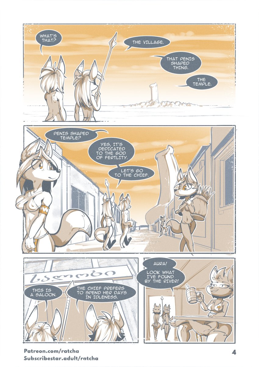 2023 absurd_res animal_genitalia animal_penis anthro building canid canine canine_genitalia canine_penis clothed clothing comic covering covering_crotch day dialogue digital_media_(artwork) digitigrade duo_focus english_text female fox genitals group hi_res holding_object knot male mammal melee_weapon nude page_4 page_number penis polearm ratcha runes spear tankard temple text tribal_clothing url village weapon yellow_eyes