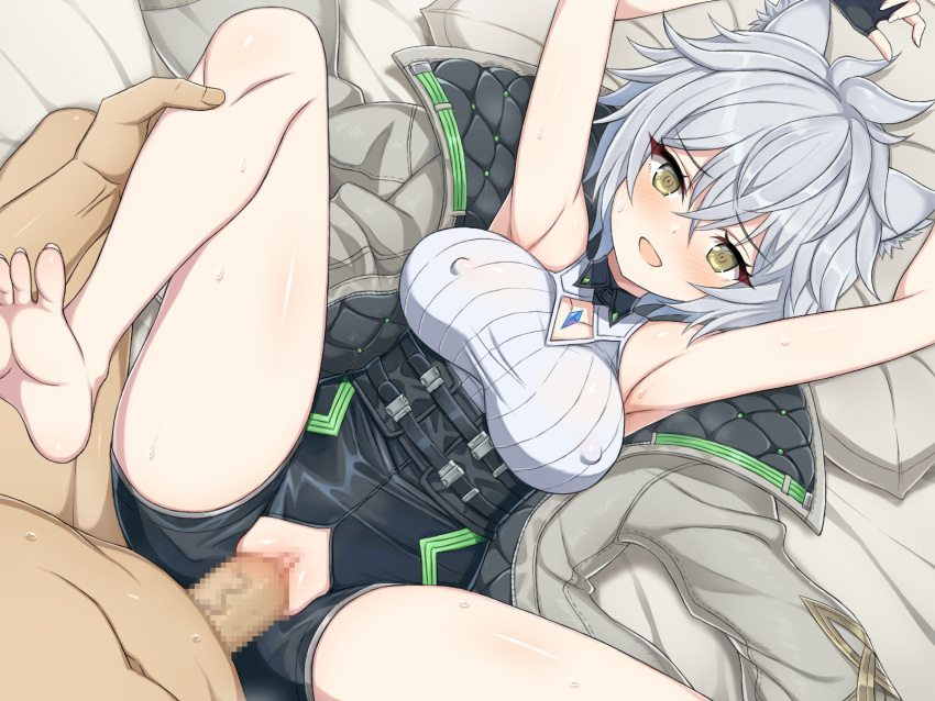 animal_ears arm_up armpits bare_legs barefoot blush breasts cat_ears cat_girl chest_jewel clothed_sex clothing_cutout core_crystal core_crystal_(xenoblade) diamond_cutout erection feet female high-waist_shorts highres large_breasts legs looking_at_viewer lying messy_hair na'el_(xenoblade) penis pussy romper short_hair short_shorts shorts soles solo_focus straight thighs toenails toes vaginal_penetration xenoblade_chronicles_(series) xenoblade_chronicles_3 xenoblade_chronicles_3:_future_redeemed yaomai yellow_eyes