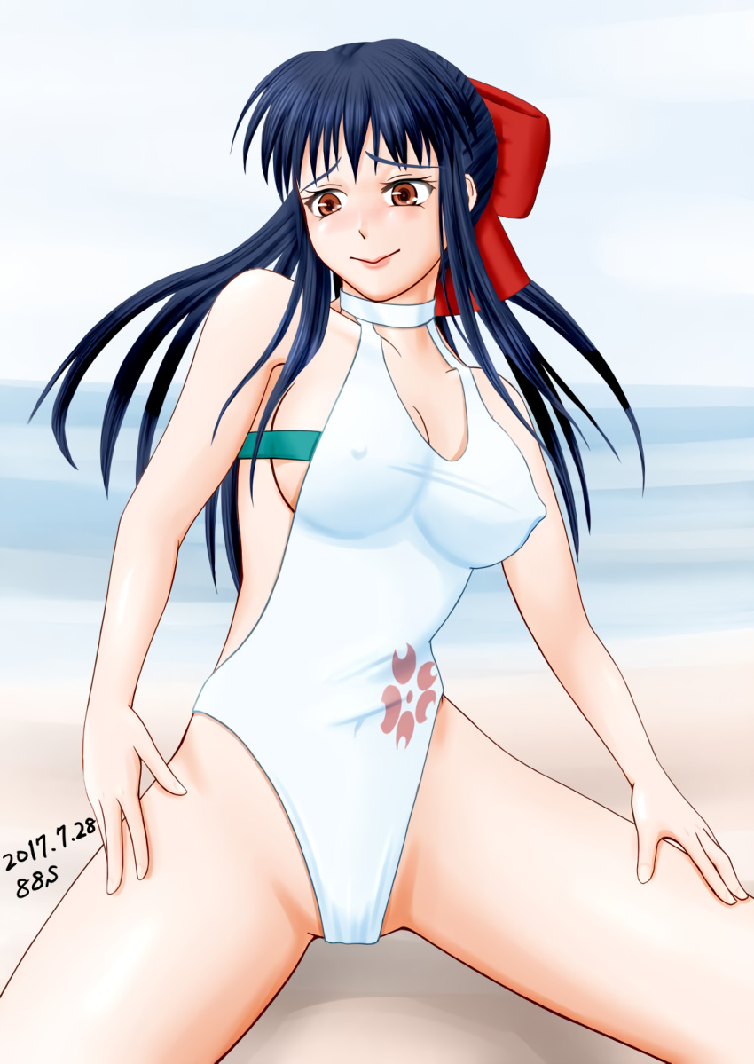 1girls 2017 artist_request big_breasts blue_hair blush breasts brown_eyes busty cleavage covered_navel dated female female_only hair_ribbon hands_on_legs hands_on_own_legs hands_on_own_thighs hands_on_thighs large_breasts legs long_hair one-piece_swimsuit ponytail ribbon sakura_shinguji sakura_taisen sakura_wars sega sitting smile solo spread_legs swimsuit thighs voluptuous