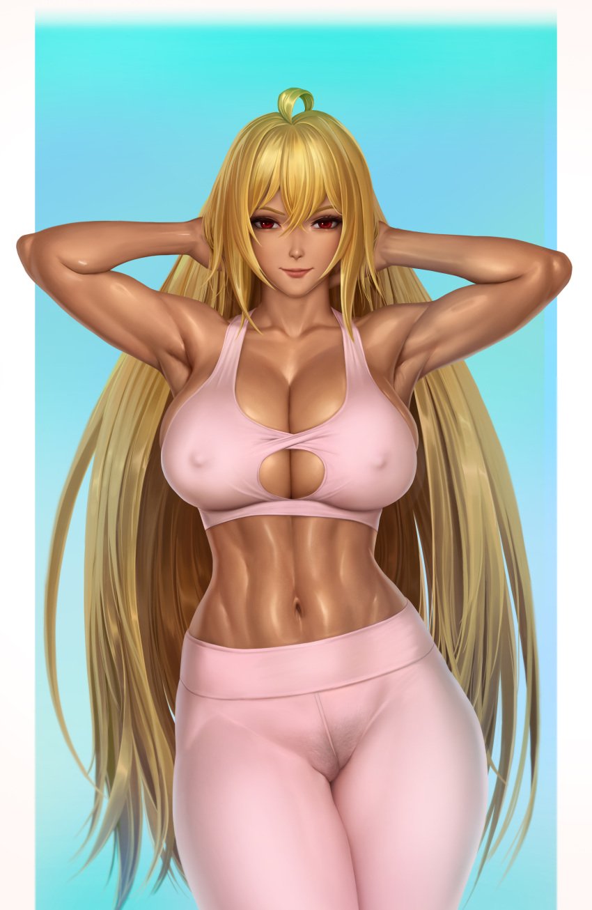 1girls abs absurd_res absurdres armpits arms_behind_head arms_up blonde_hair breasts brown_pubic_hair cameltoe cleavage colored_pubic_hair dark-skinned_female dark_skin erect_nipples erect_nipples_under_clothes female_pubic_hair hi_res high_resolution highres limgae looking_at_viewer muscular_female navel nipples pubic_hair red_hair see-through see-through_clothing shikishima_mirei smile sports_bra sportswear valkyrie_drive very_high_resolution