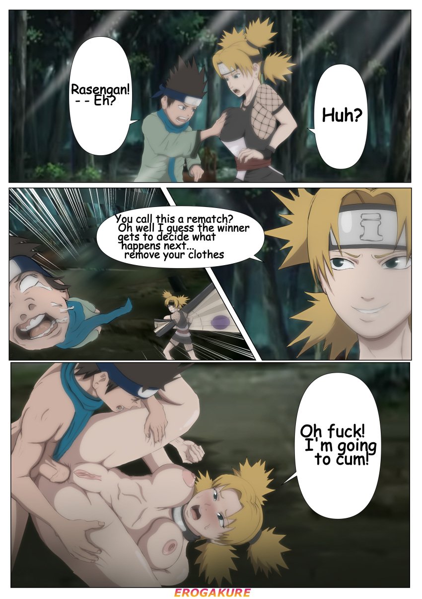 1boy 1girls accidental_circumstance accidental_exposure anal anal_sex blonde_hair breast_grab breast_squeeze breasts brown_hair comic erogakure fan fanning female fondling fondling_breast forest groping instant_loss instant_loss_2koma kunoichi male male/female moaning naruto naruto_(series) naruto_shippuden ninja older_female outdoor_sex outdoors penetration penis piledriver piledriver_position sarutobi_konohamaru sex shinobi speech_bubble story temari text weapon