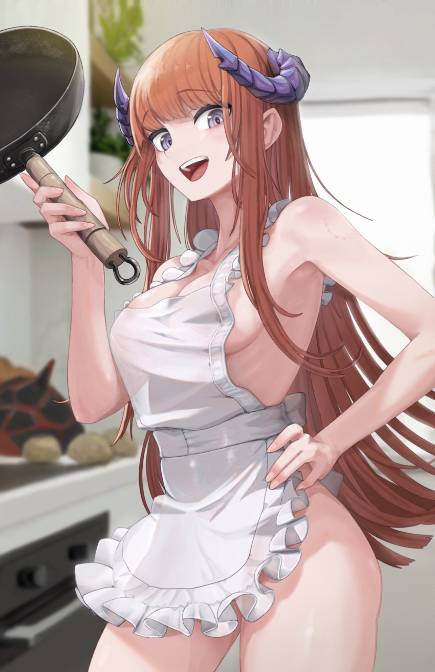 1girls 2023 apron arknights bagpipe_(arknights) bare_arms bare_legs bare_shoulders bare_thighs frying_pan ginger_hair hi_res holding_object horns light-skinned_female light_skin long_hair looking_at_viewer mildt naked_female open_mouth purple_eyes sideboob smile solo standing