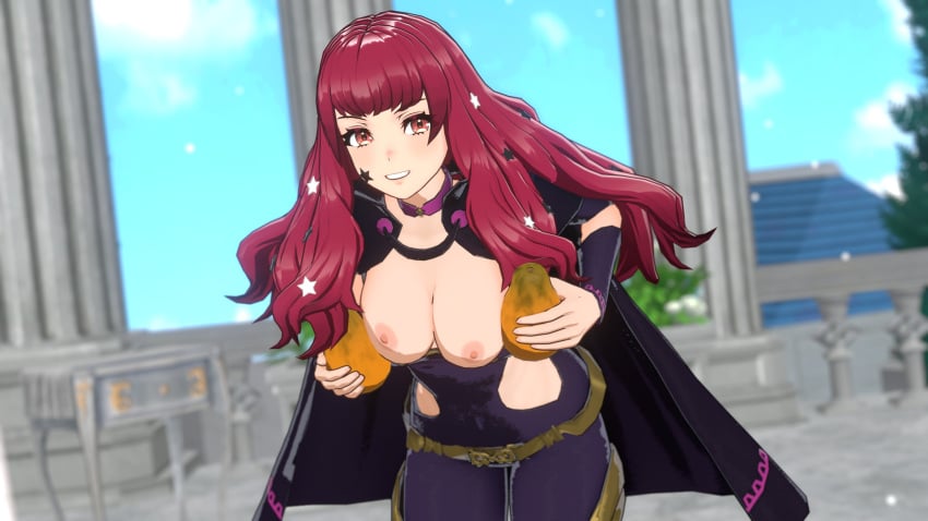 1girls 3d breasts breasts_out choker facial_tattoo female female_only fire_emblem fire_emblem_engage food fruit hair_ornament large_breasts long_hair nintendo nipples overused23 papaya red_eyes red_hair solo star star_(symbol) tattoo yunaka_(fire_emblem)