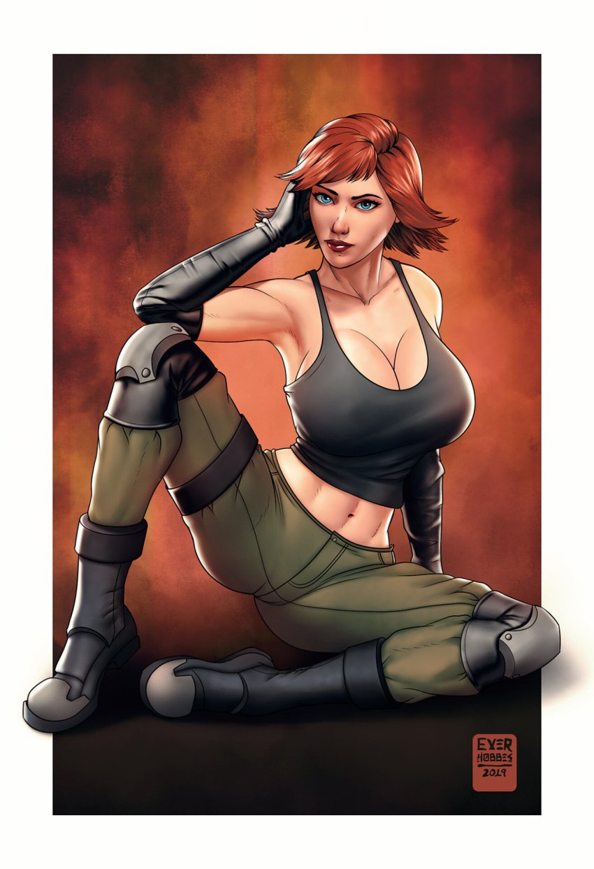 1girls 2019 2d armpit athletic athletic_female belly belly_button big_breasts black_gloves black_tank_top blue_eyes boots clavicle cleavage collarbone combat_boots everhobbes female female_focus female_only fully_clothed gloves green_pants knee_guards looking_at_viewer meryl_silverburgh metal_gear_solid navel only_female orange_background red_hair red_lipstick sideboob single_girl sitting sitting_on_floor spread_legs spreading tank_top