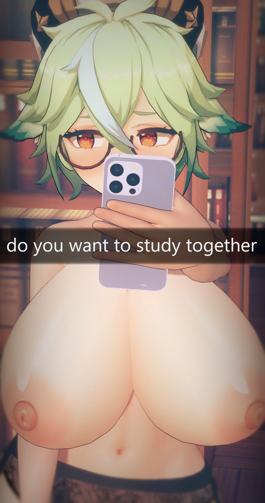 1girls areolae big_breasts blush breasts cellphone female filter genshin_impact gigantic_breasts glasses green_hair huge_breasts iphone koikatsu large_breasts massive_breasts navel nipples orange_eyes phone sucrose_(genshin_impact) tsitsky!