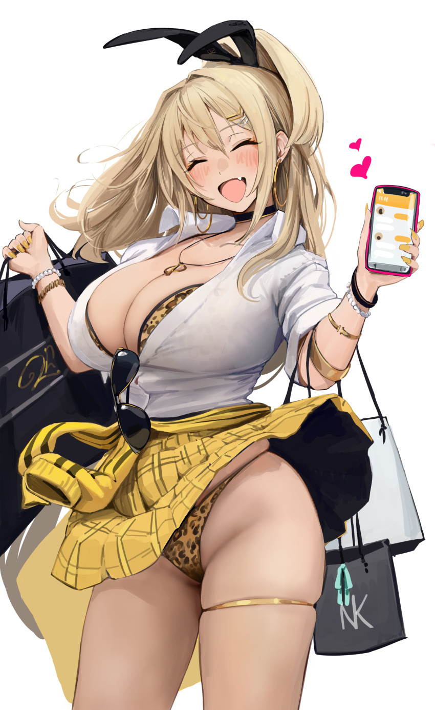 1girls blonde_hair blush blush_lines blushing blushing_at_viewer blushing_female breasts chela77 cleavage cute_fang female goddess_of_victory:_nikke gyaru hi_res hips huge_breasts leopard_print leopard_print_bra leopard_print_panties light-skinned_female light_skin long_hair rupee_(nikke) short_skirt skirt smile smiling smiling_at_viewer thick_thighs thighs wide_hips