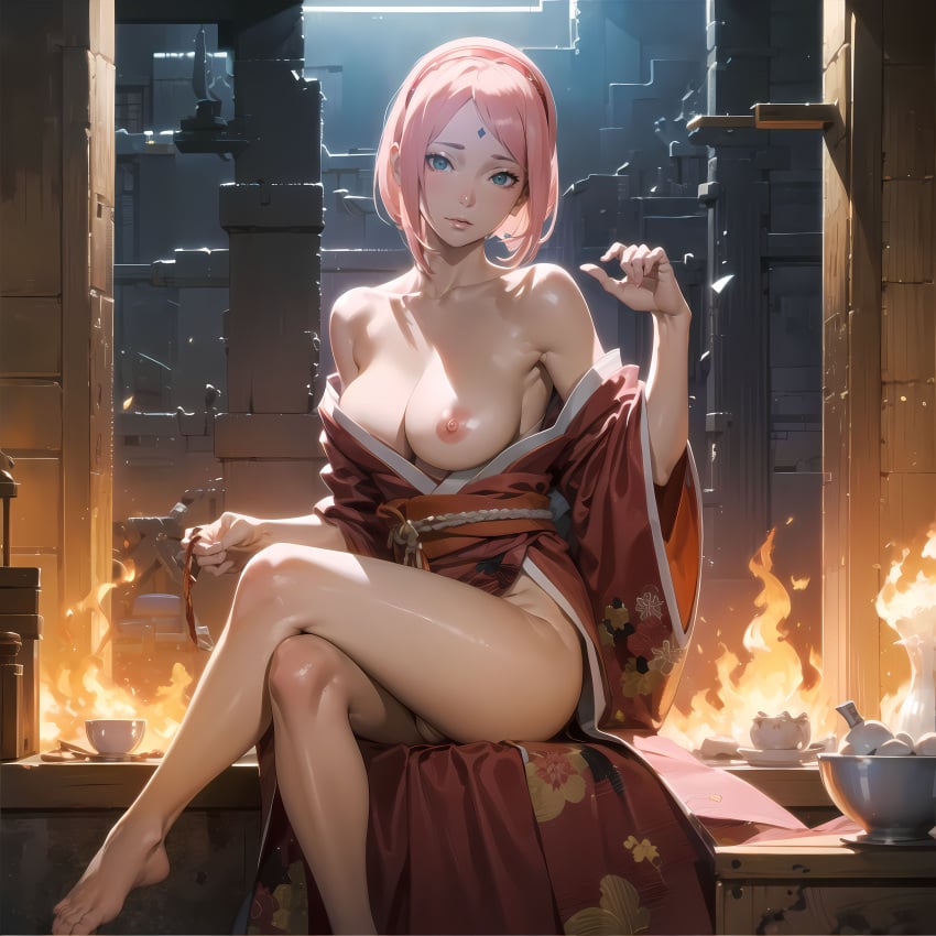 1girls ai_generated bare_breasts bare_legs bare_shoulders barefoot barely_clothed bell_haircut blush boruto:_naruto_next_generations breasts clothed_female clothing feet female female_only functionally_nude green_eyes holding_object holding_panties jordan53 kimono kimono_pull long_hair looking_at_viewer mature mature_female milf nai_diffusion naruto naruto_(series) nipples no_bra no_panties no_underwear one_breast_out open_clothes open_kimono panties_removed pink_hair pussy sakura_haruno sitting solo solo_focus stable_diffusion underwear_removed voluptuous