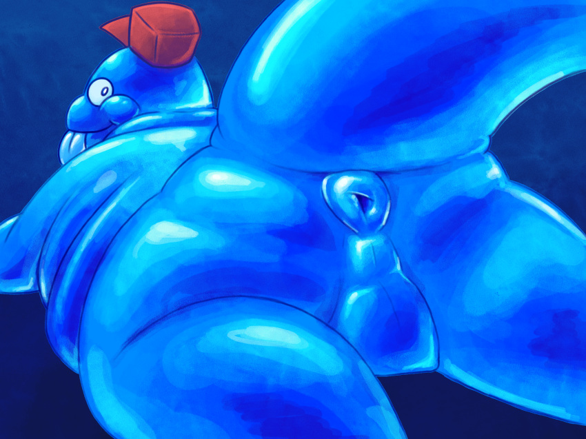 anthro anus ass balls blue_body butt_focus chubby_tail clothing flan_(everhood) genitals glistening glistening_body goo_creature hat headgear headwear hi_res looking_at_viewer male overweight perineum puffy_anus solo supersponger tail tongue tongue_out