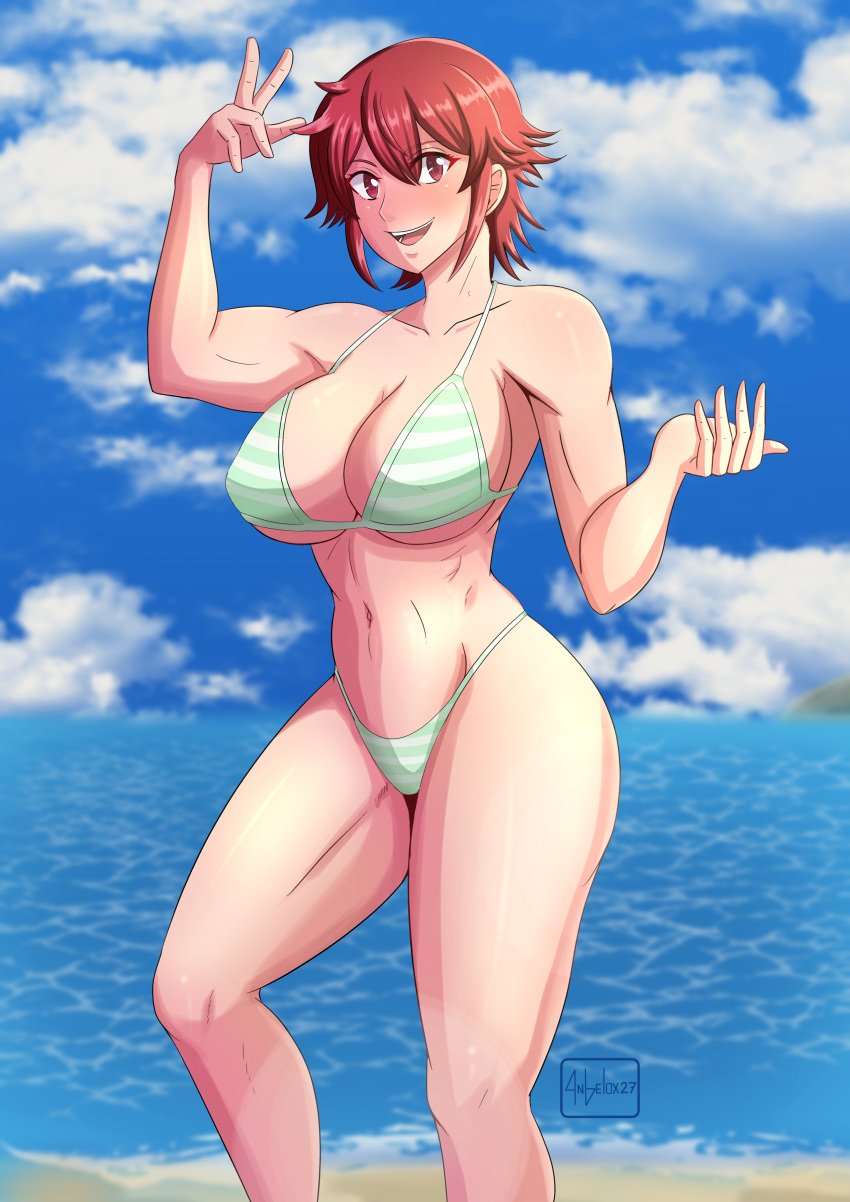 1girls aizawa_tomo angelox27 beach big_breasts bikini blush breasts busty cleavage female female_only highres large_breasts looking_at_viewer navel ocean red_eyes red_hair short_hair smile solo swimsuit thick_thighs thighs thong_bikini tomboy tomo-chan_wa_onna_no_ko v voluptuous water