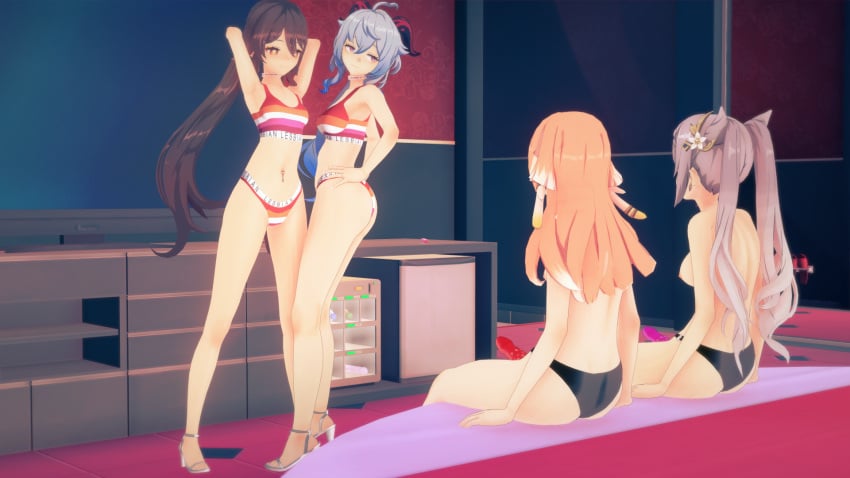 4girls female female_only ganyu_(genshin_impact) genshin_impact hands_behind_head hu_tao_(genshin_impact) keqing_(genshin_impact) koikatsu kud_dk lesbian_orgy lesbian_pride_bikini lesbian_pride_colors multiple_girls strap-on thick_thighs thighs yanfei_(genshin_impact) yuri