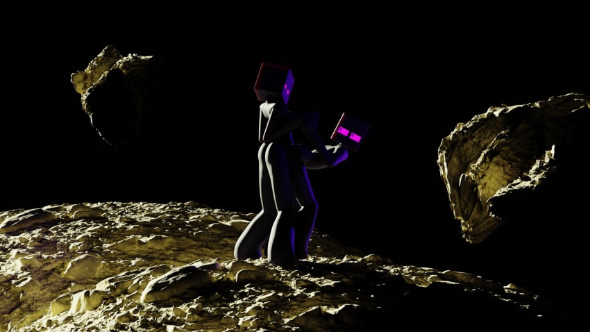 3d 3d_(artwork) ambiguous_gender ambiguous_penetration arms_held_back bending_forward bending_over bent_over black_background black_body black_skin blender_(software) blender_cycles duo enderman floating_island glowing_eyes minecraft purple_eyes purple_light rhaso rim_light rock sex standing_sex sunlight the_end_(minecraft) void white_light