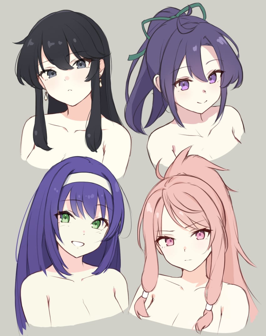 4girls aura_(aurapls) ayra_(fire_emblem) bare_shoulders black_eyes black_hair breasts cleavage collarbone earrings female female_only fir_(fire_emblem) fire_emblem fire_emblem:_genealogy_of_the_holy_war fire_emblem:_radiant_dawn fire_emblem:_the_binding_blade fire_emblem:_the_sacred_stones green_eyes hair_between_eyes hair_ribbon hairband highres implied_nudity jewelry long_hair marisa_(fire_emblem) mia_(fire_emblem) multiple_girls nintendo pink_eyes pink_hair ponytail purple_eyes purple_hair ribbon sidelocks smile upper_body white_hairband