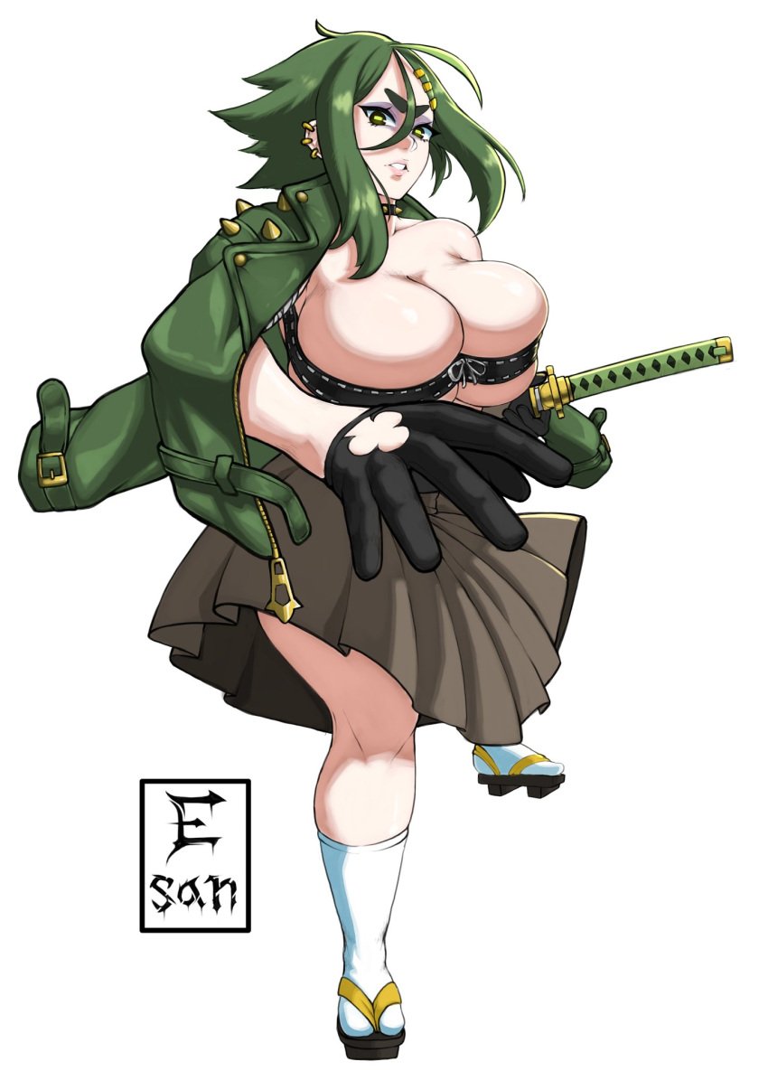 1girls artist_logo big_breasts breast_press earrings esan02b female female_only geta gloves green_eyebrows green_eyes green_hair hairclip hakama jacket jacket_on_shoulders japanese_clothes katana looking_at_viewer midori_(rizdraws) sandals skirt socks solo topwear white_background